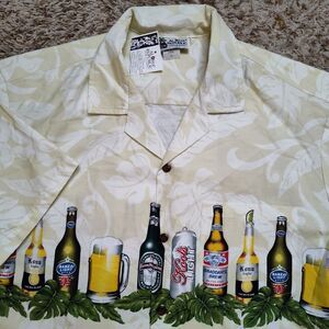 Aloha Republic Beer Bottle Can Pattern Men Sz L Short Sleeve‎ Button Up Shirt